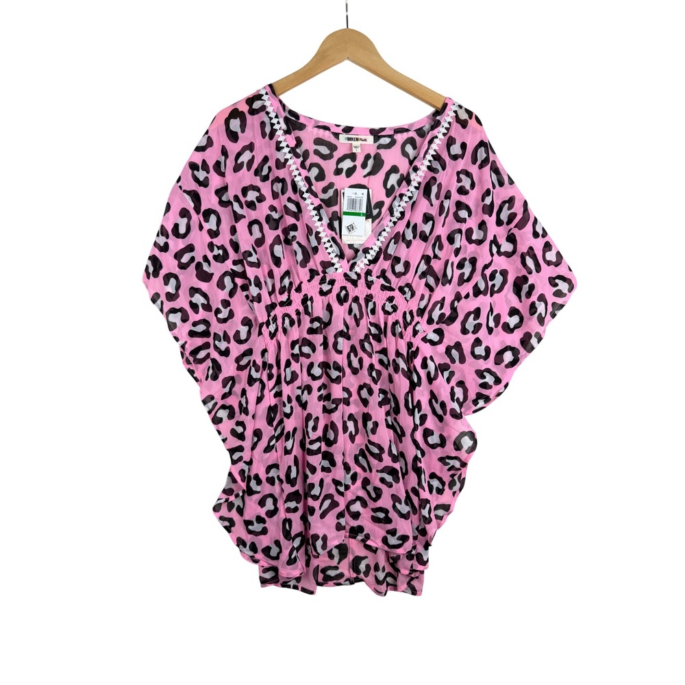 NWT Miken Leopard Print Smocked Waist Swimwear Cover Up size Large Pink/Black